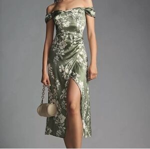 Reformation Floral Off-Shoulder Dress in Green